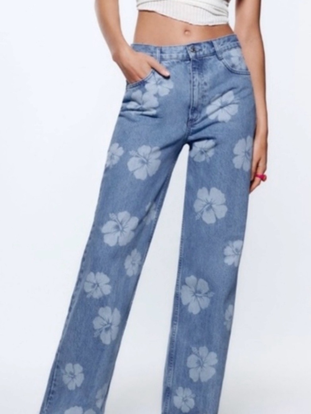 Zara High-Rise hibiscus Print Jeans - Blue size 2